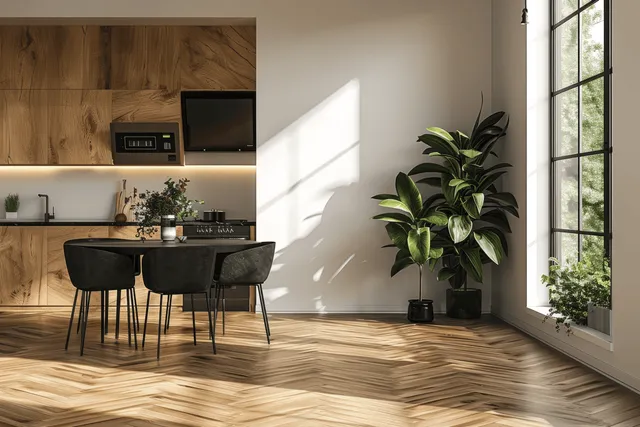 Sunlit modern kitchen showing wooden cabinets, a black dining table with chairs, and a potted plant by a large window.