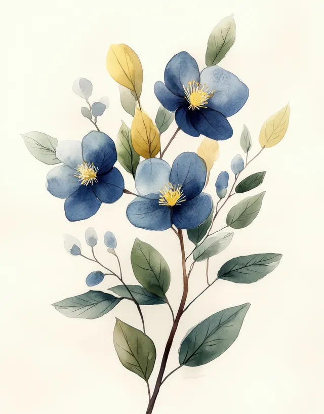 Watercolor plant branch with green leaves and tiny blue flowers, soft light wash backdrop