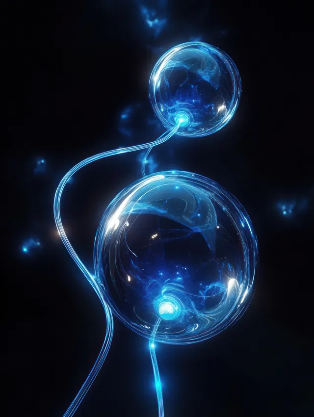 Two translucent blue spheres connected by glowing luminous tubes float against a dark space background.
