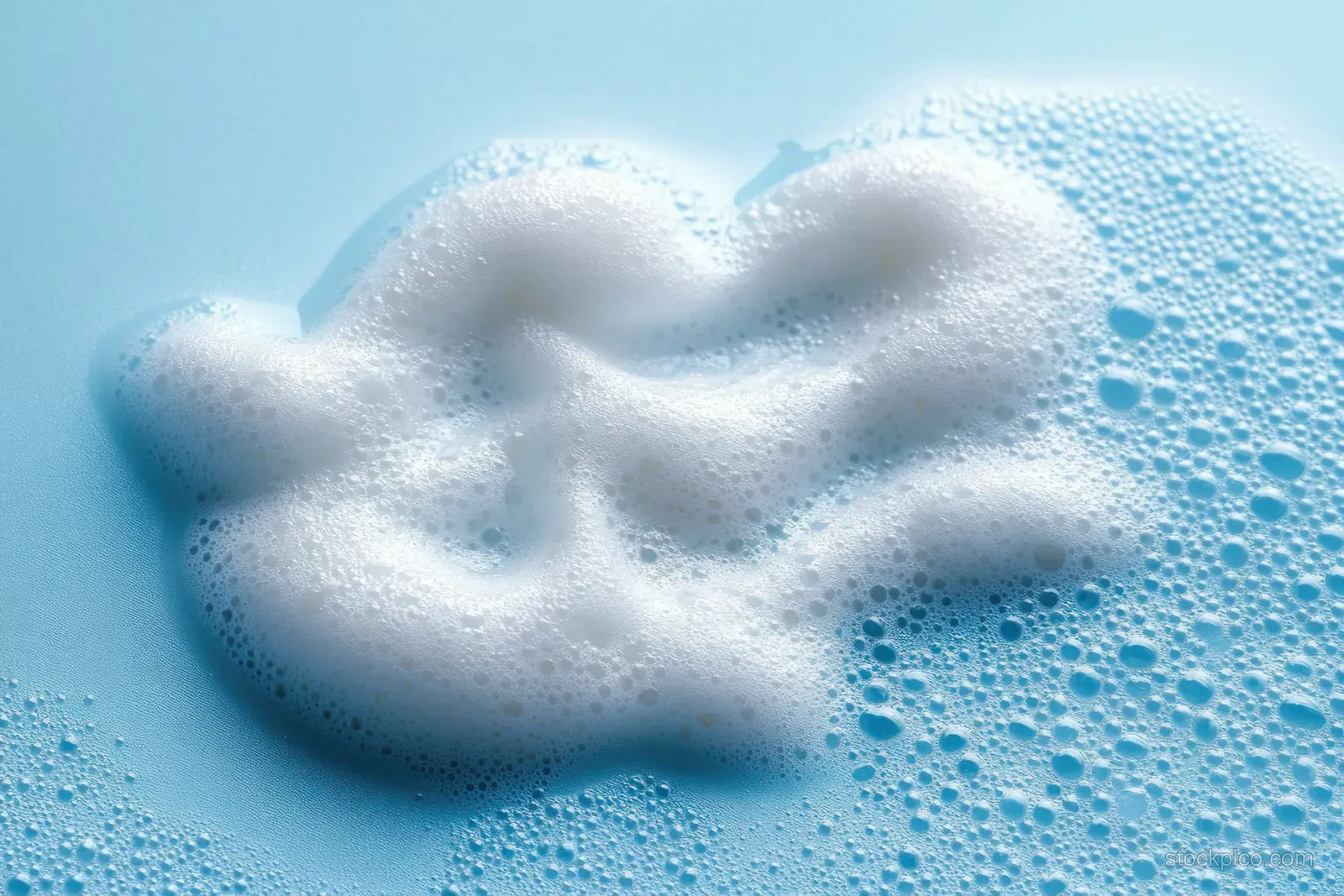 Thick white cleanser mousse foam swirls on a blue background with small soap bubbles.