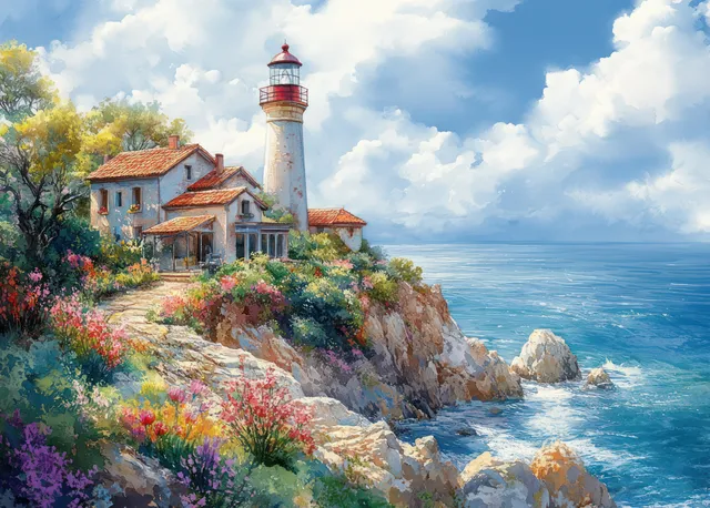 Watercolor lighthouse on rocky coast overlooking turquoise ocean with flowering trees