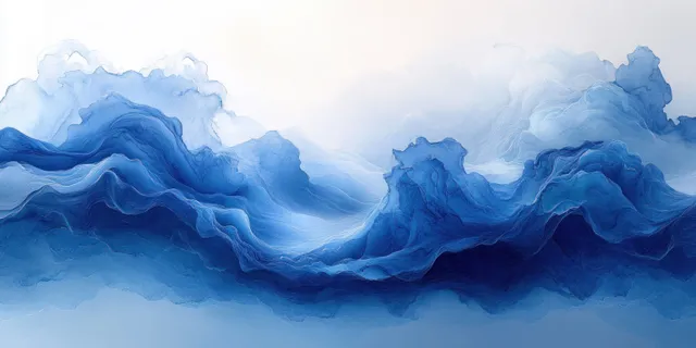 Blue watercolor ocean-like waves rolling across a pale gray misty background