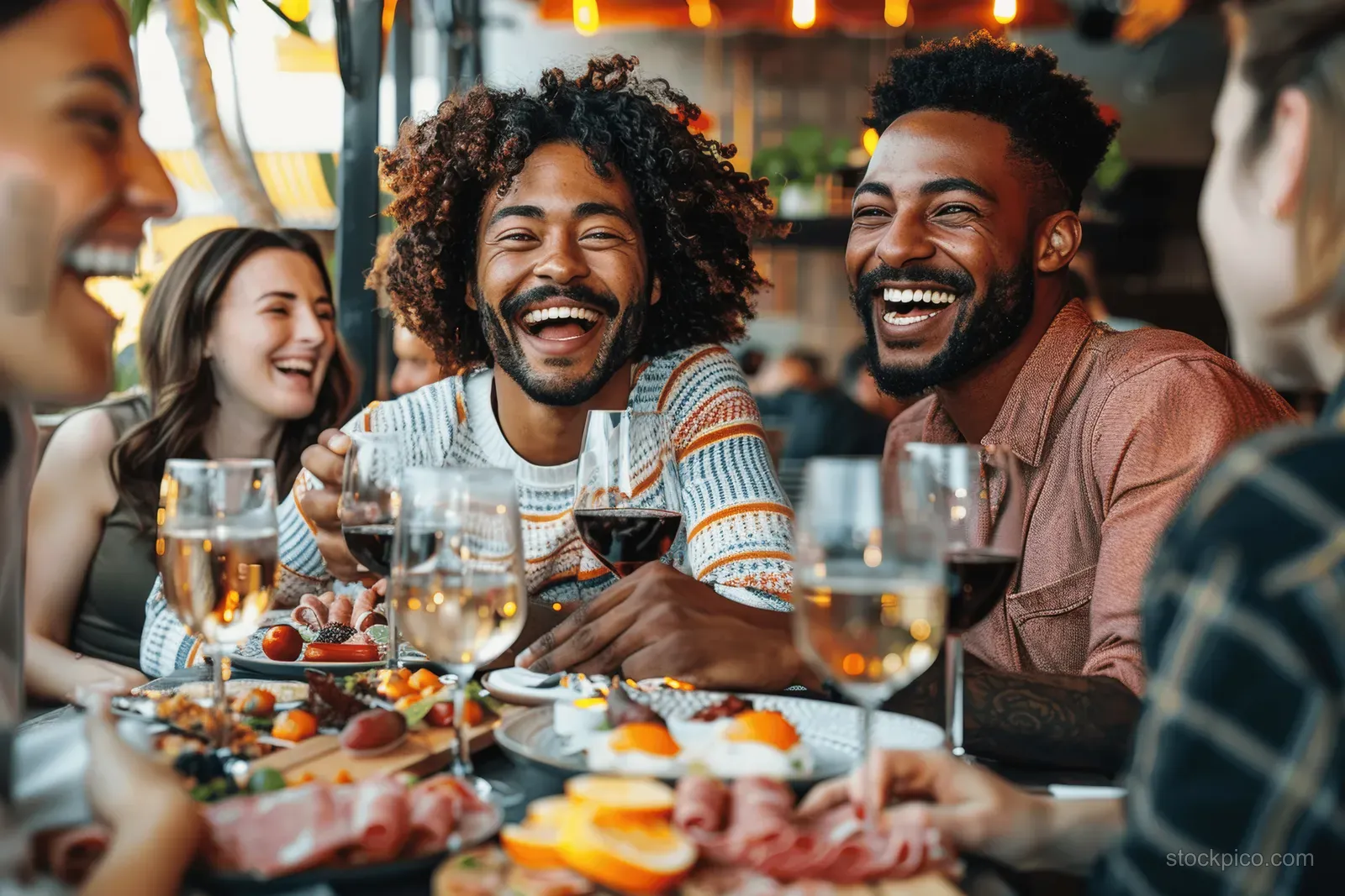 Multiracial friends laughing while clinking wine glasses beside a charcuterie board on a rooftop patio.