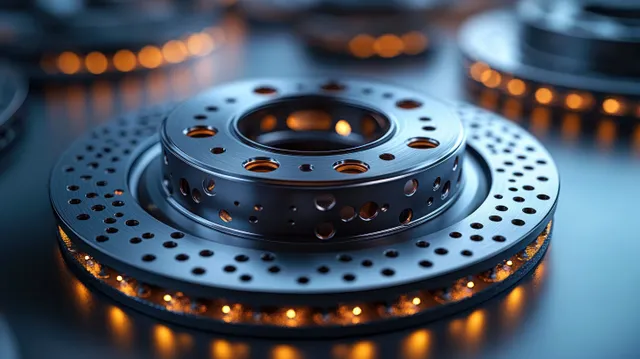 Macro brake disc with vent holes and glowing brake rotor components on a cool blue blurred background.