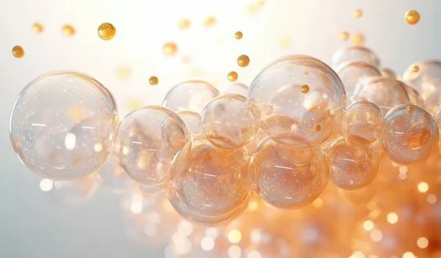 Glowing 3D vitamin C drops floating beside translucent bubbles on warm soft gradient