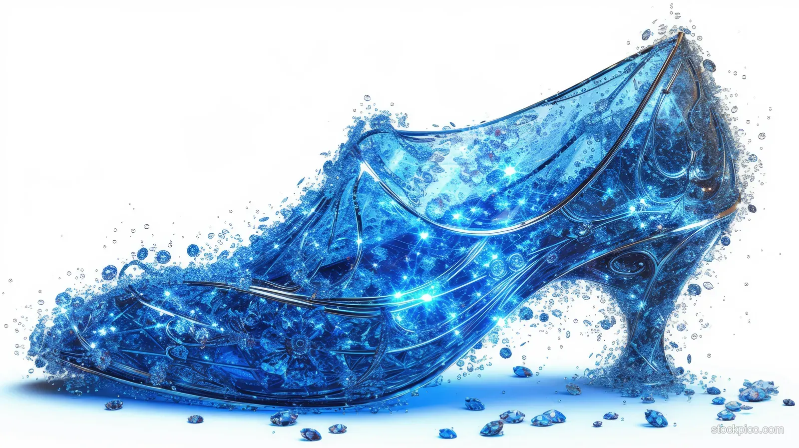 Blue crystal Cinderella glass slipper with floral ice pattern lies on a white background with sparkling ice dust.