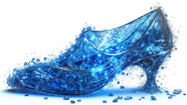 Blue crystal Cinderella glass slipper with floral ice pattern lies on a white background with sparkling ice dust.
