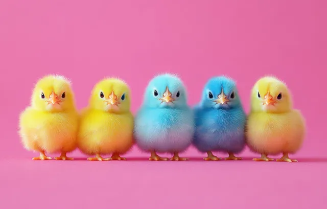 Five fluffy baby chicks stand in a row against a bright pink background, alternating yellow and blue colors.