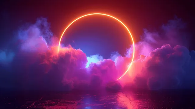 Neon light ring glowing through pink and blue fog clouds at night, surreal abstract