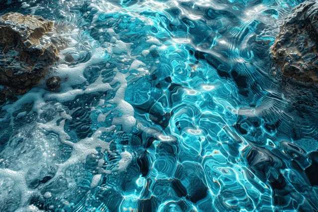 Top-down view of blue water ripples over rocks, with bright turquoise light patterns across the surface.