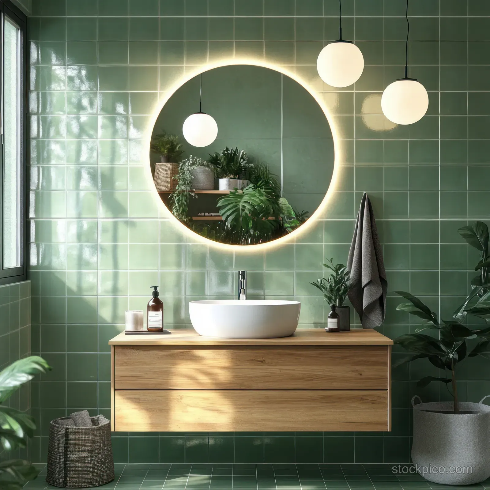 Green tiled bathroom wall with a wooden vanity, white sink, and glowing round mirror surrounded by plants.