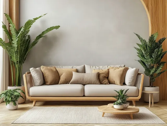 A serene minimalist living room with a gray sofa, beige cushions, indoor plants, and warm natural sunlight.
