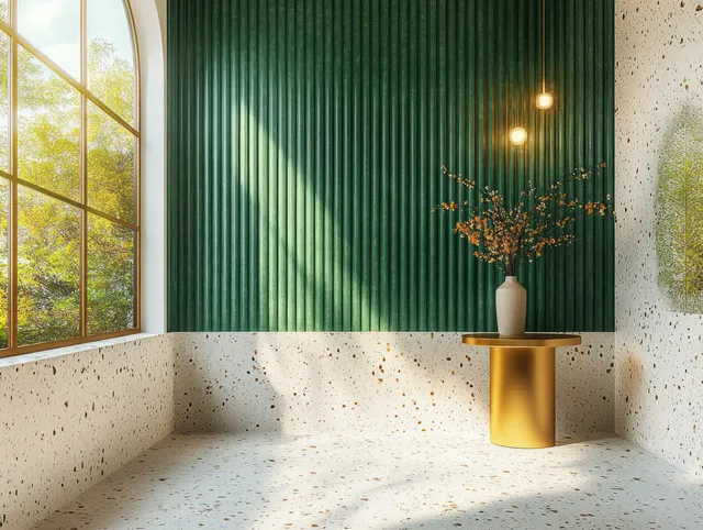 Minimalist interior corner with green wall panel, terrazzo floor, and golden side table holding a white vase near a large window.