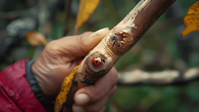 Person’s fingers gently hold a twig while a red ladybug rests nearby