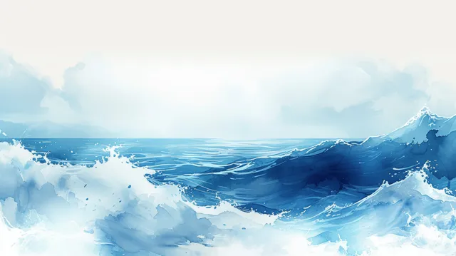Japanese-inspired watercolor sea wave with foamy spray and distant mountain silhouette
