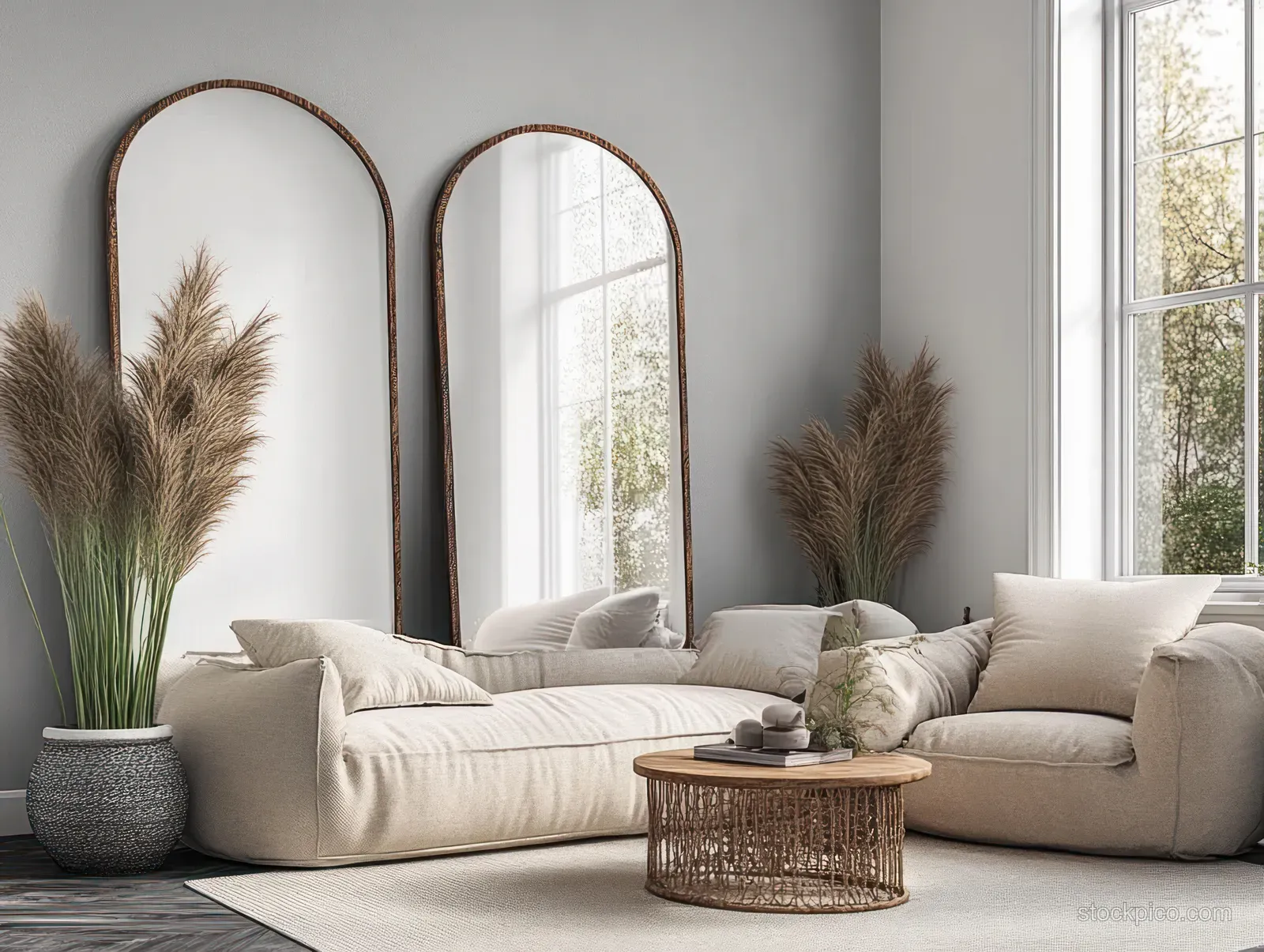 Cream sofa in a Scandinavian living room with arched mirrors and a woven coffee table, lit by daylight.