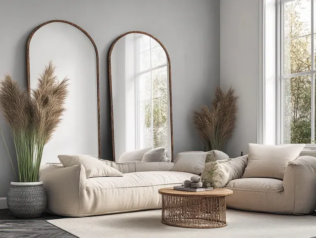 Cream sofa in a Scandinavian living room with arched mirrors and a woven coffee table, lit by daylight.