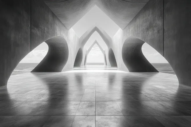 Symmetrical black-and-white interior corridor with arched walls and a bright vanishing point light beam.