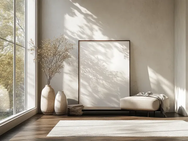 Sunlit minimalist Scandinavian living room corner with framed wall art, vase of dried branches, and soft floor shadows.