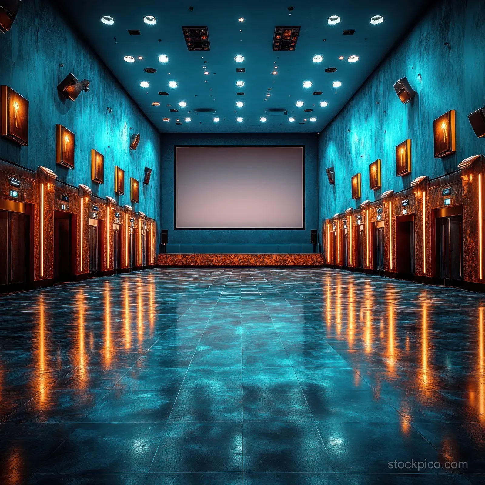 Empty cinema auditorium with a glowing blank screen, blue ceiling lights, and reflections on the dark floor.