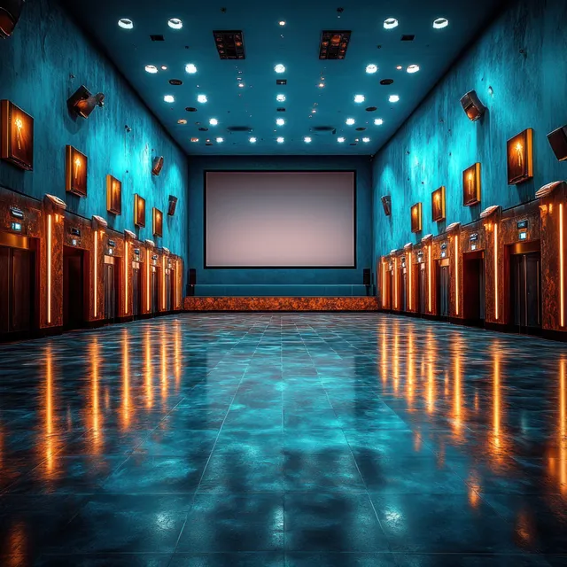 Empty cinema auditorium with a glowing blank screen, blue ceiling lights, and reflections on the dark floor.