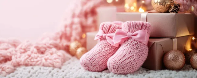 Pink baby booties resting on ribboned gift boxes near a glowing holiday backdrop