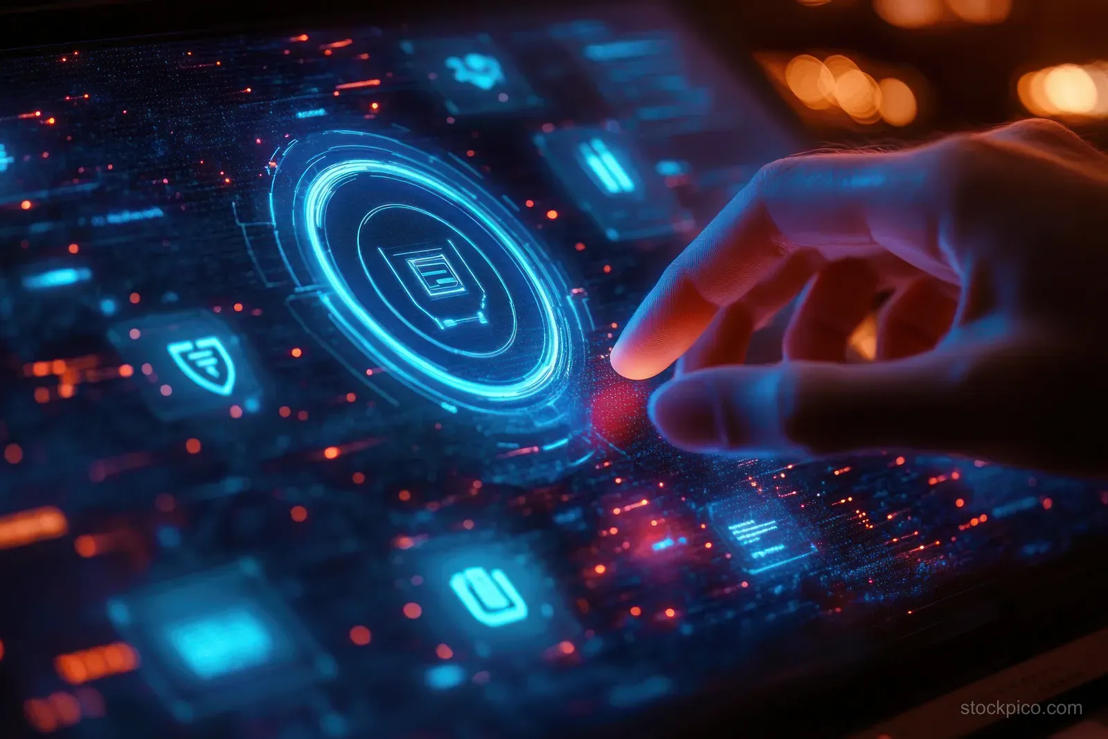 A hand reaches toward a glowing holographic copyright shield icon on a futuristic computer interface.