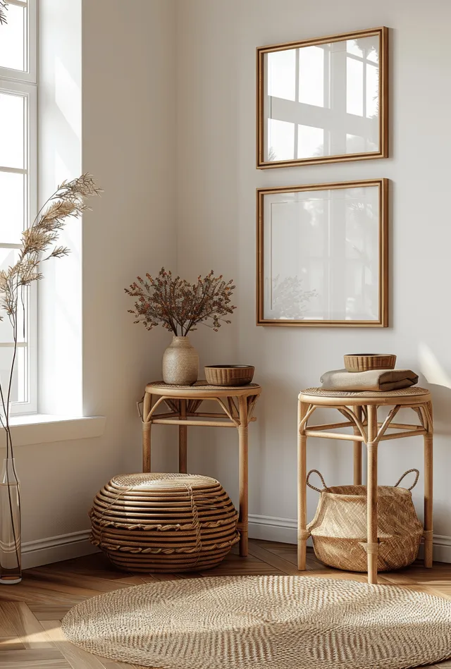 White living room corner with rattan side tables, woven decor, and two empty poster frames on a neutral wall.