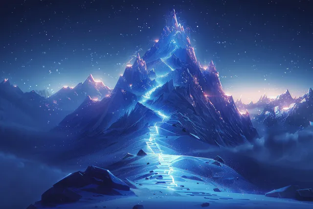 Glowing stepped route climbs toward an illuminated mountain peak under a starry night sky.