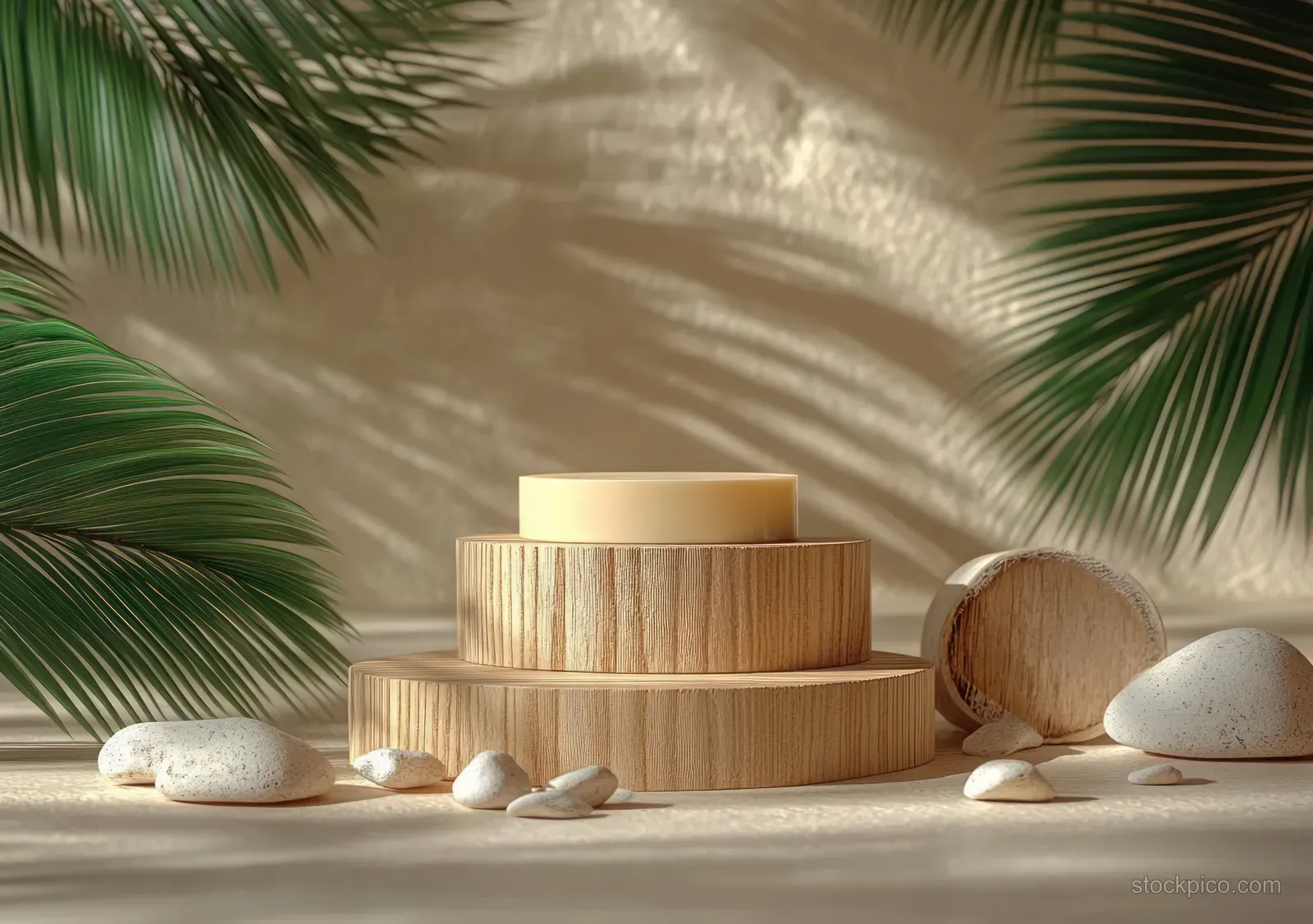 Wooden stacked pedestals sit on smooth pebbles with palm leaves framing the set under warm studio light.