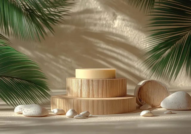 Wooden stacked pedestals sit on smooth pebbles with palm leaves framing the set under warm studio light.