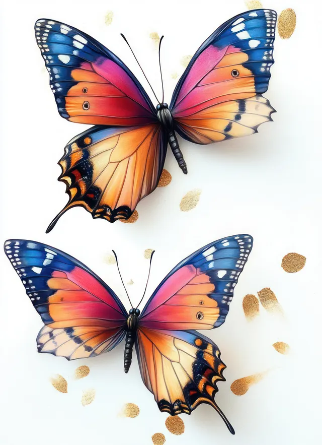 Two vibrant butterflies with orange, pink, blue, and black wings rest on a bright white background with scattered golden specks.