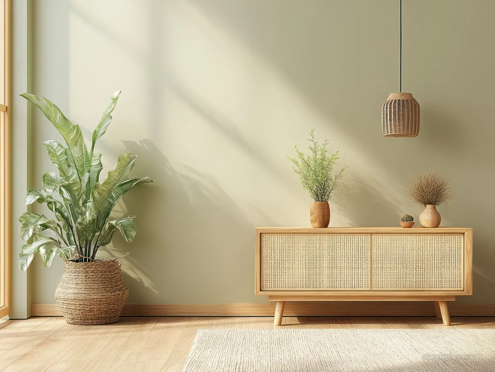 Sunlit minimalist living room with a light wooden cabinet, woven baskets, and potted plants on the floor.