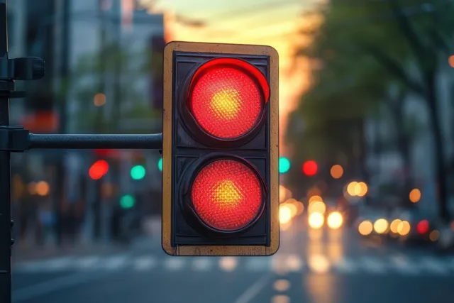 Red traffic light glowing at dusk on a city street with blurred vehicles behind