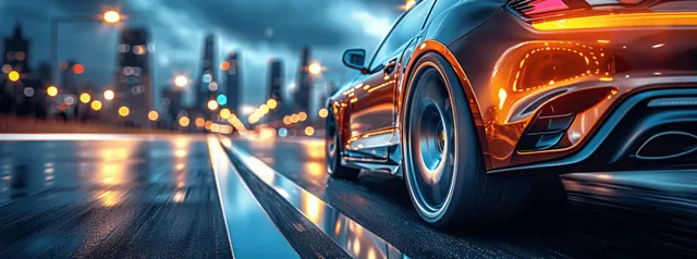 Blue SUV racing on a night highway with motion-blurred wheels and glowing city skyline lights in the distance.