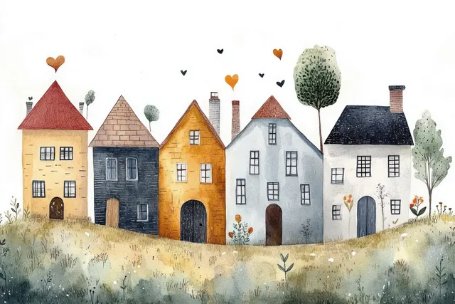 Colorful watercolor row houses sit on a grassy hillside with trees, flowers, and small hearts in the sky.