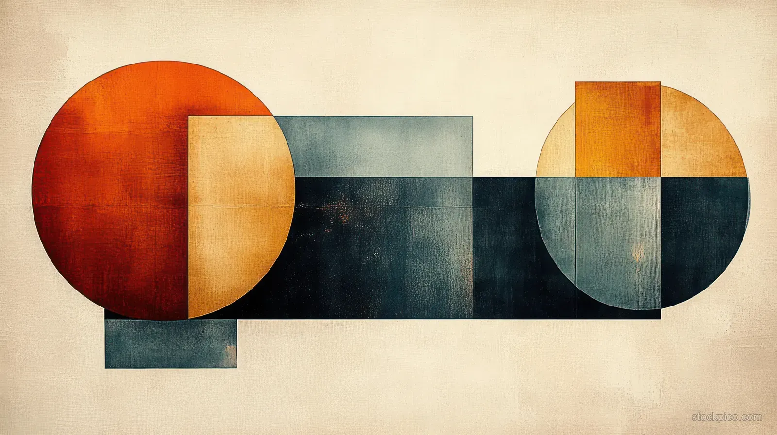 Muted orange and blue overlapping circles and rectangles arranged on a textured light background.