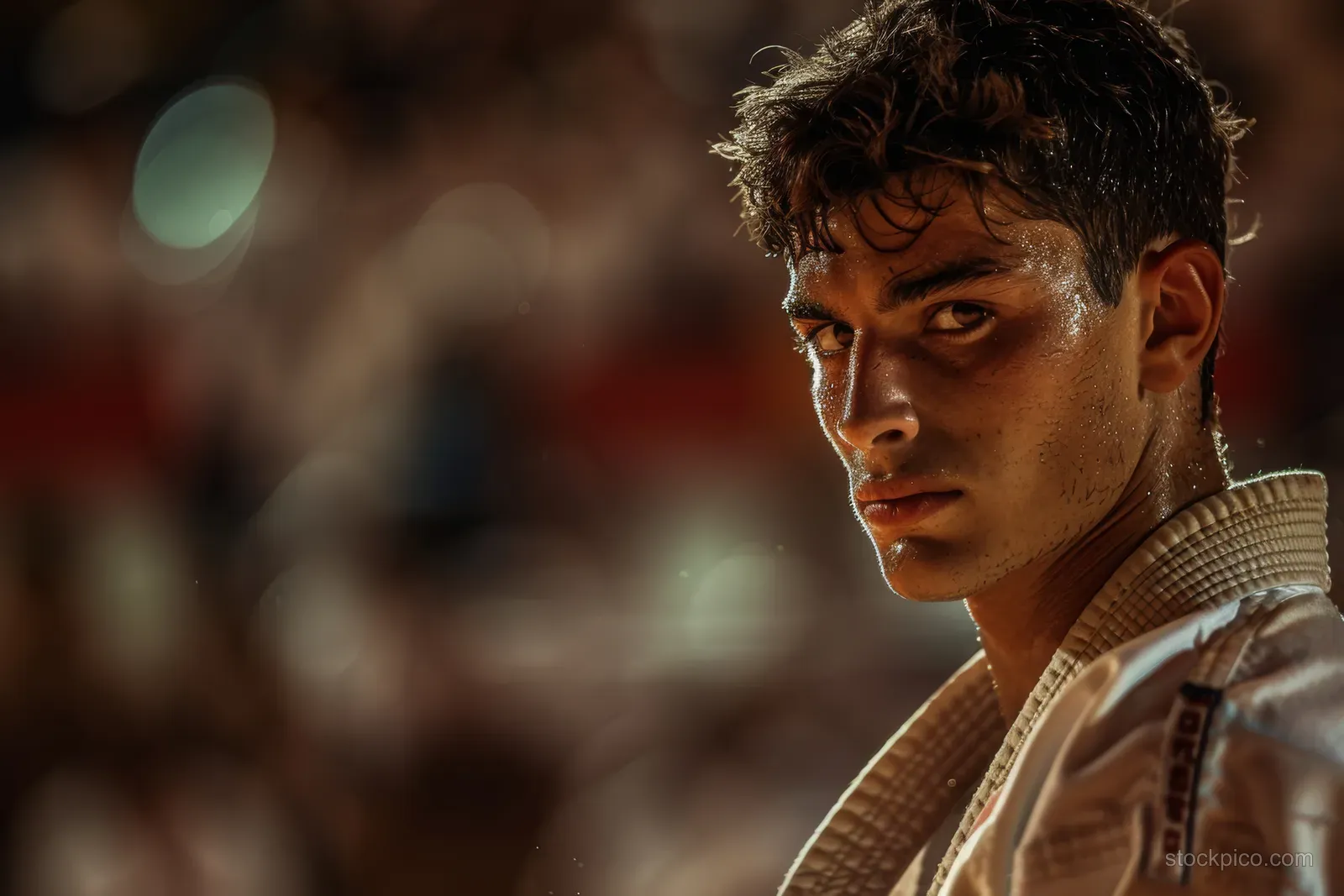 A karate fighter in a kumite stance gazes intensely to the side with blurred lights in the background.