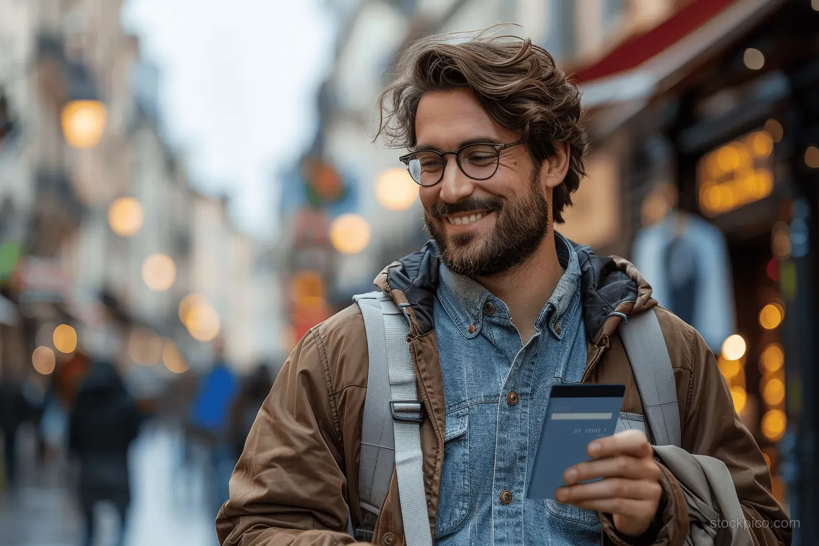 Young man on a city street holding a smartphone and credit card.