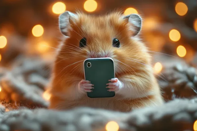 Fluffy hamster holding a small smartphone while warm golden bokeh lights glow behind it.