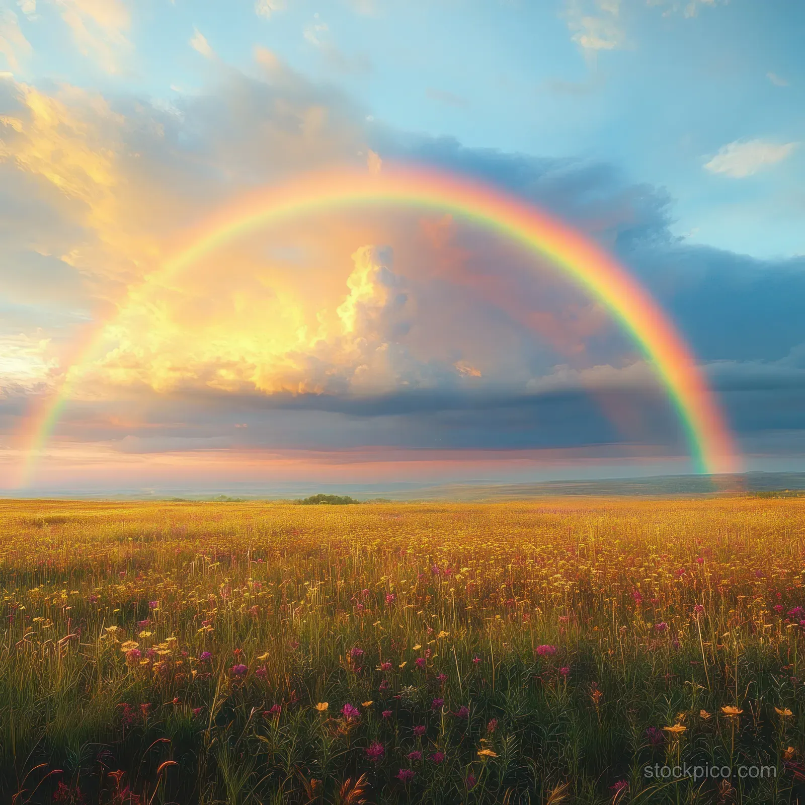 A rainbow arches over a wildflower meadow under colorful sunset clouds and a glowing horizon.