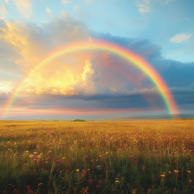 A rainbow arches over a wildflower meadow under colorful sunset clouds and a glowing horizon.