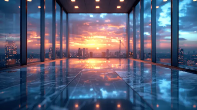Empty modern office lobby with panoramic windows and a glass counter, reflecting a sunset city skyline.