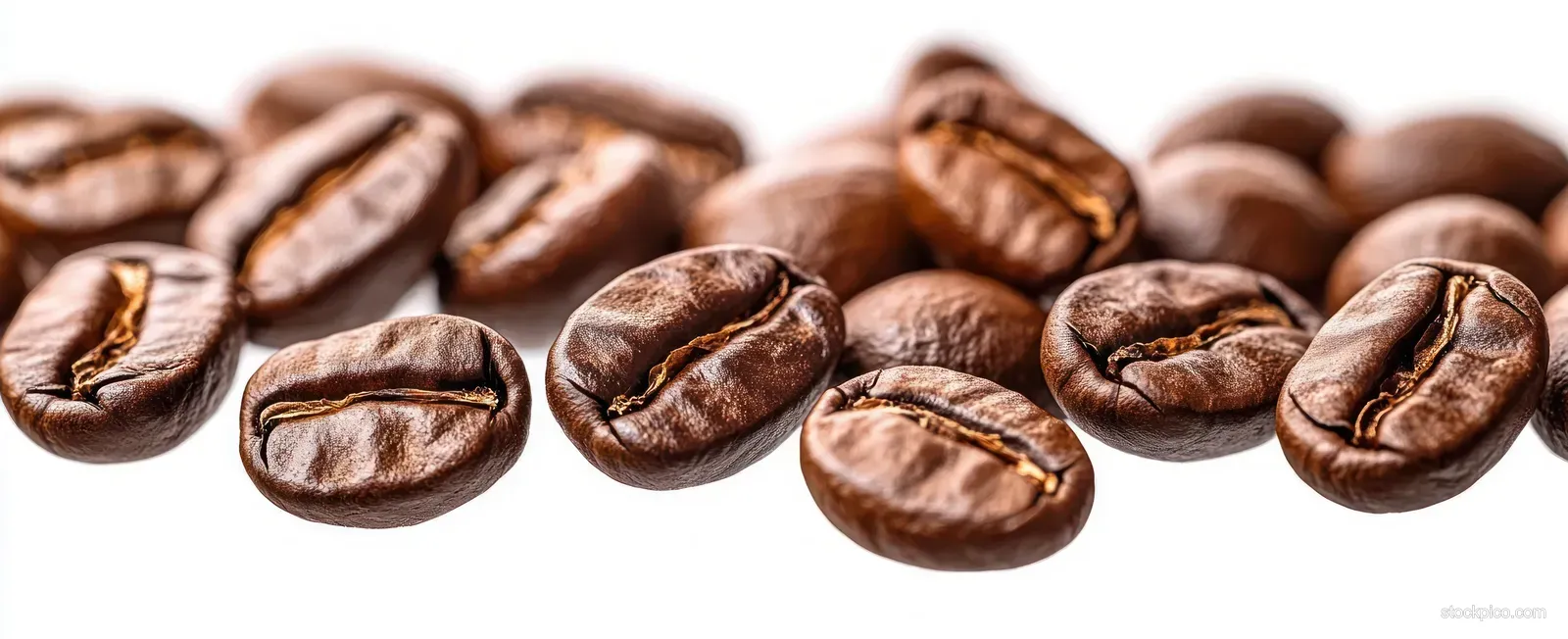 Close-up of roasted coffee beans displaying intricate textures and grooves against a clean white background.