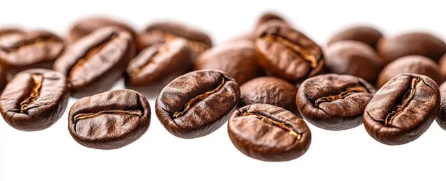 Close-up of roasted coffee beans displaying intricate textures and grooves against a clean white background.