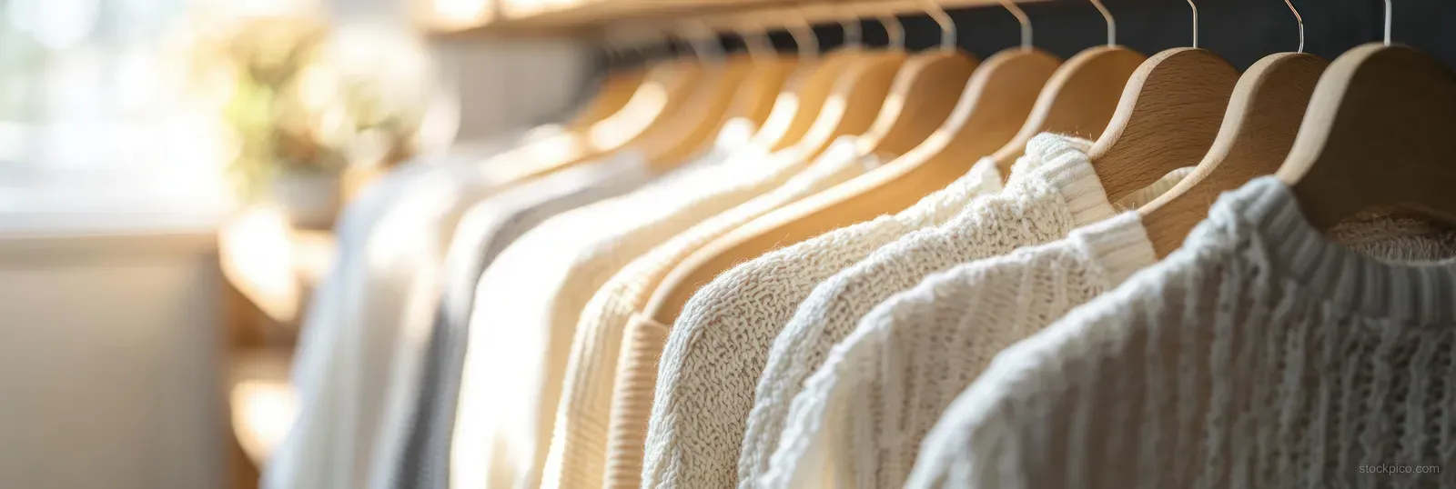 Neutral knitted sweaters hang on wooden hangers in a row under soft natural light.