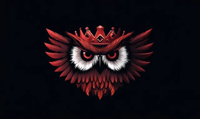 Fierce red owl with spread wings and ornate crown, intense eyes on black backdrop