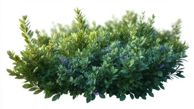 Dense green shrub with small purple flowers isolated on white