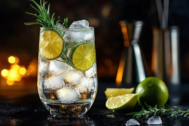 Clear glass of iced lime and rosemary cocktail with ice cubes and lime slices on a dark bar counter.