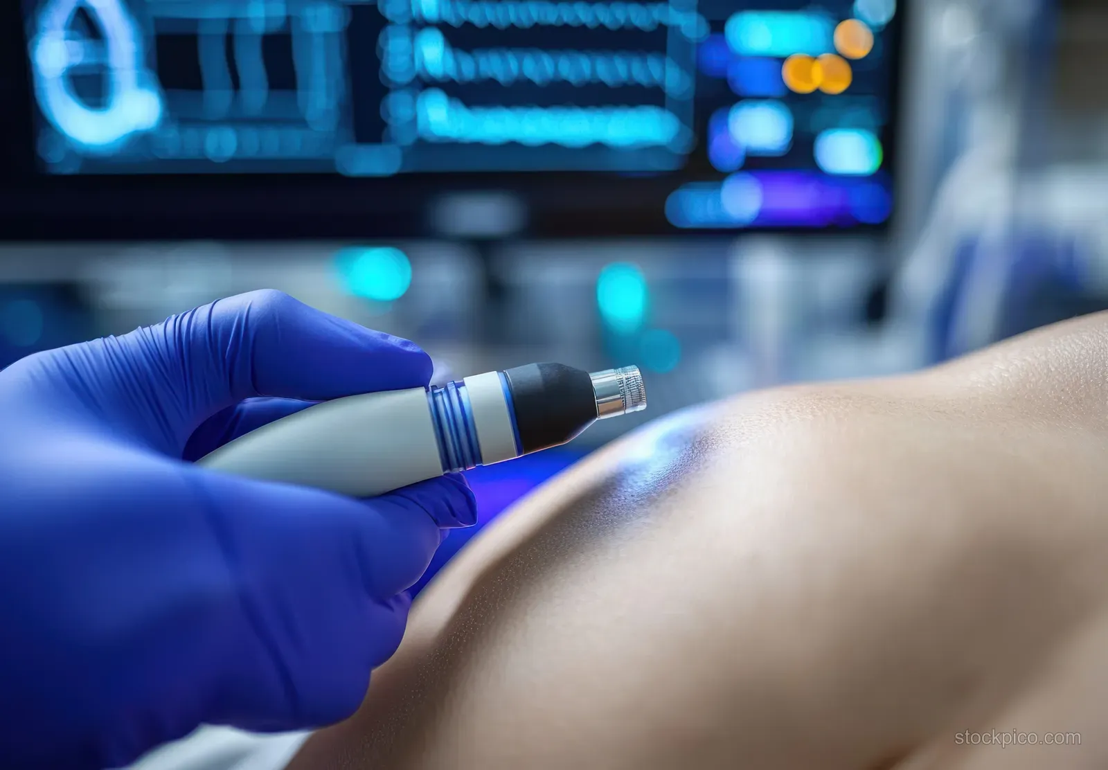 A clinician wearing purple gloves uses a handheld device on a patient’s knee with a blurred medical monitor behind.